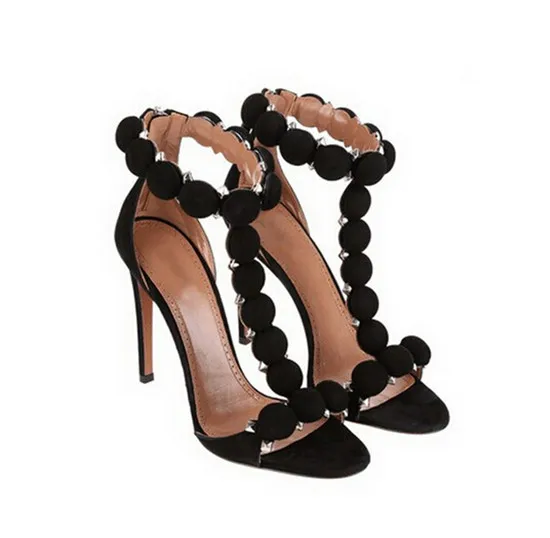 Sexy Rivets Ball Deco T-strap High Heels Women Sandals Wine Red Black Suede Gladiator Sandals Women Shoes Woman Sandalias Mujer (1)