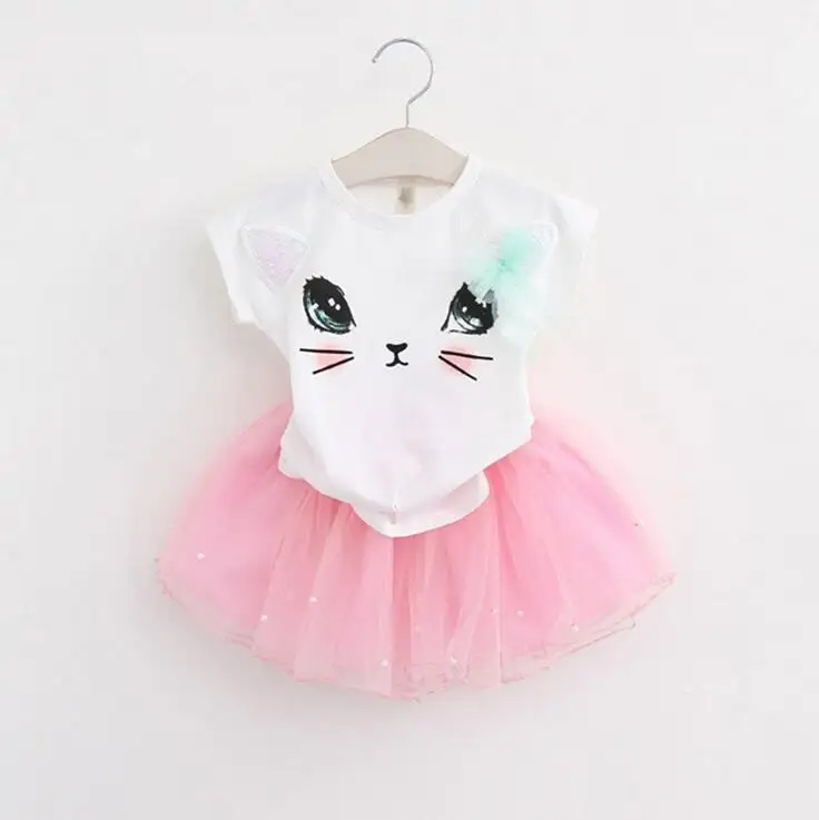 Детские футболки с котами и короткими рукавами для принцесс; летняя бальная юбка с цветочной аппликацией для маленьких девочек; комплекты одежды для детей - Цвет: Белый