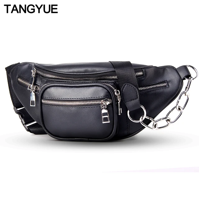 TANGYUE Chain Waist Bag Belt Women Fanny Pack Leather Black 2018 Travel Bum Waist Bag Ladies for to Belt Fanny Pack for Women