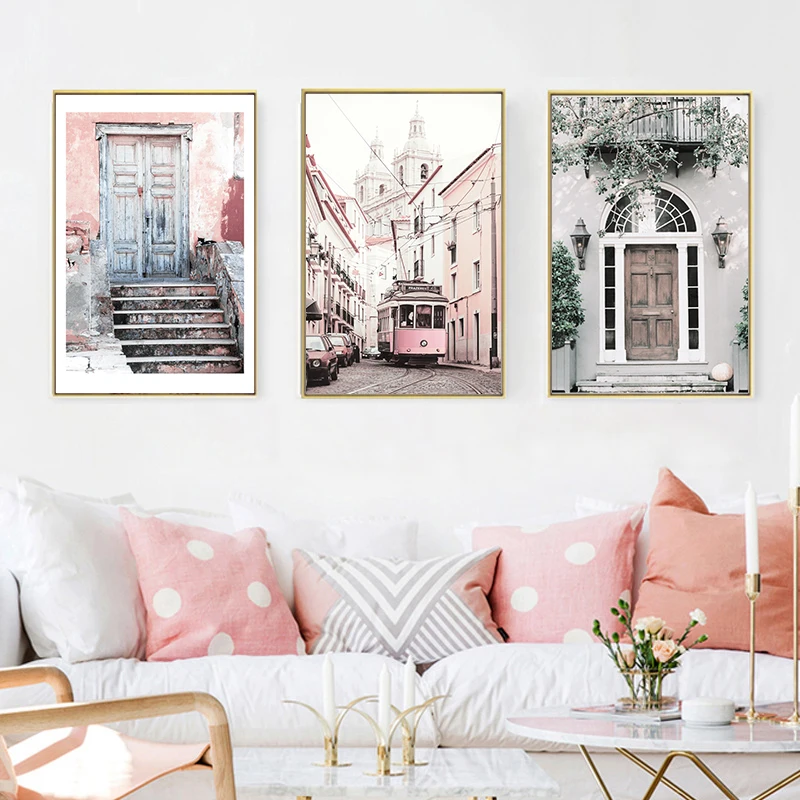 

Nordic Landscape Poster Prints Canvas Art Pink House Poster Building Wall Art Canvas Painting Pictures For Living Room Unframed