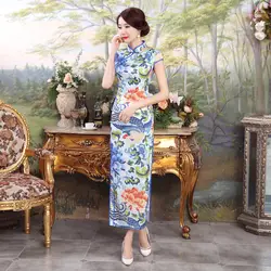 Синий шелк традиционное китайское платье Длинные Cheongsam Qipao платья для женщин халат Chinoise Восточный Стиль Свадебные Qi Pao Азиатский Формальные