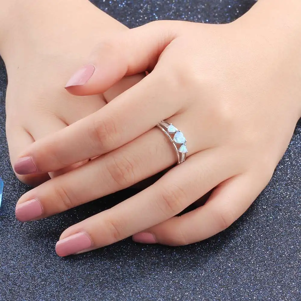 Подлинное Твердое Серебро 925 пробы женское кольцо на палец три сердца форма Синий огонь опал кольца подарок для мамы модные украшения
