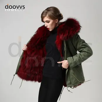 

wine red real fox fur collar coat real fox liner Mrs furs parka jacket plus size real fur coat free shipping