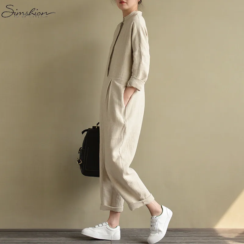 Vintage Linen Jumpsuits 2018 Women Long Sleeve Rompers Female Casual Solid Overalls Pockets Oversized Lady Autumn Pantalon Pants