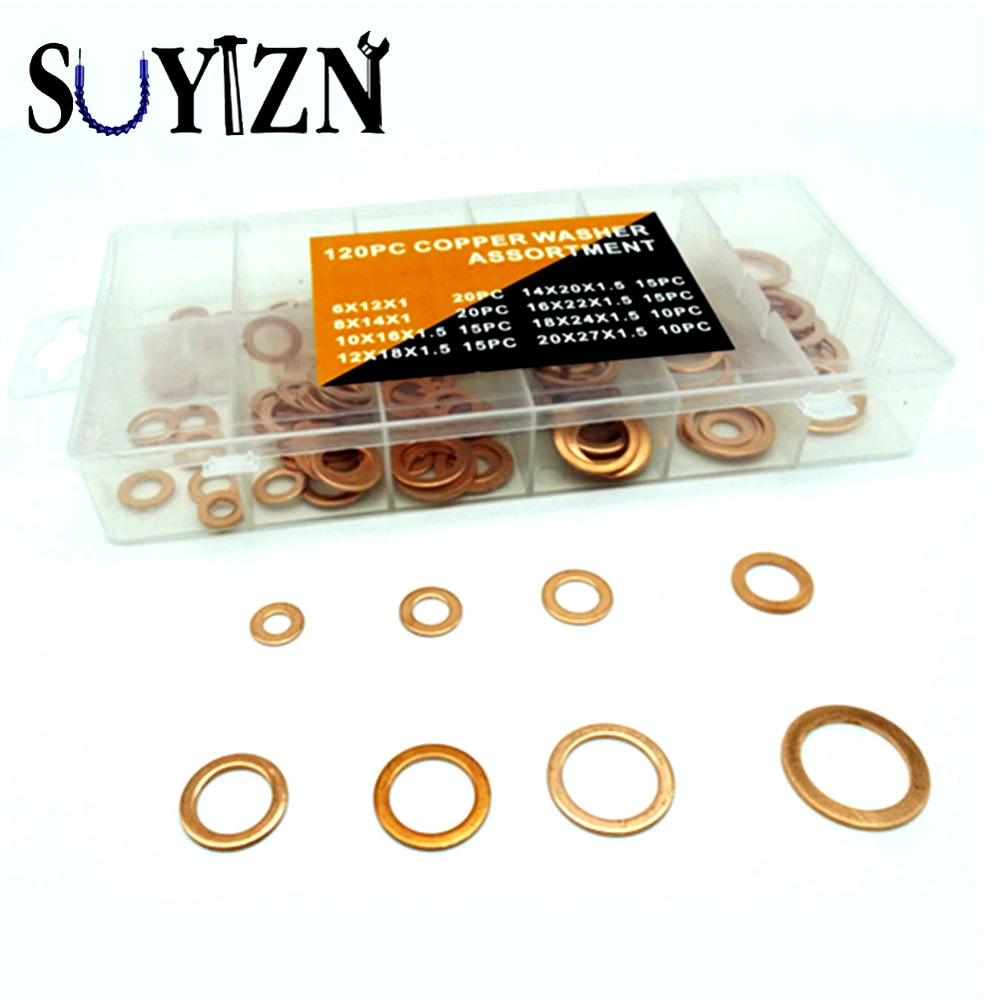 120pcs Copper Washer 8 Sizes Shim Washers Plastic Box Professional Hardware Accessories O Ring