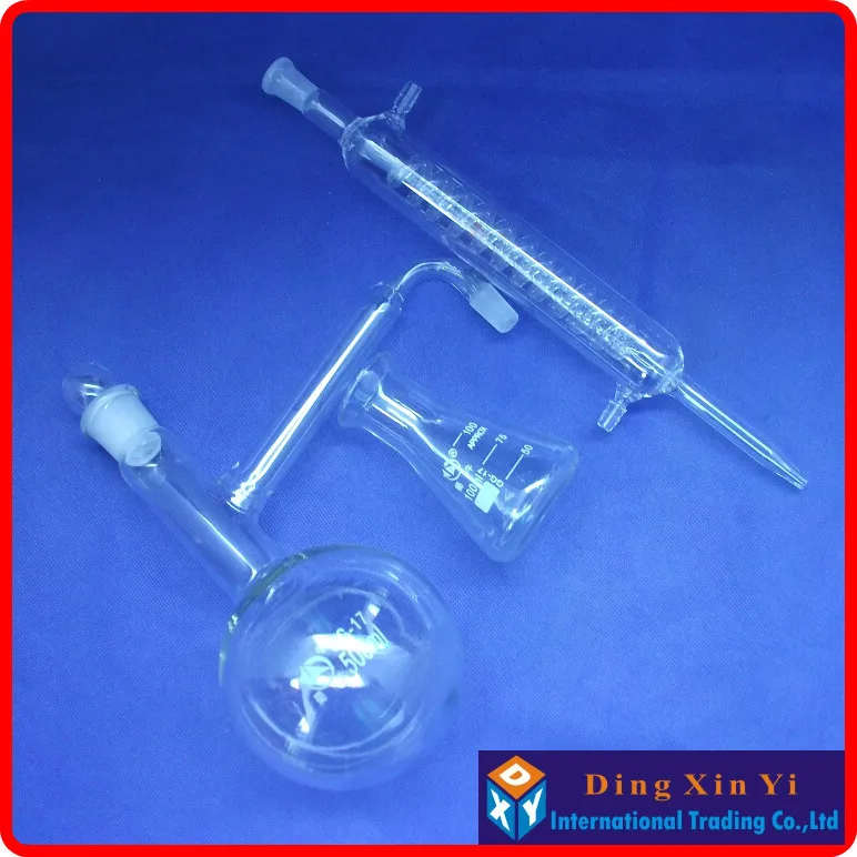 Lab Glass Supplies Distiling Apparatus with ground glass joints Glass distillation unit Distillation flask + graham condenser + conical flask distiller Lab Condenser