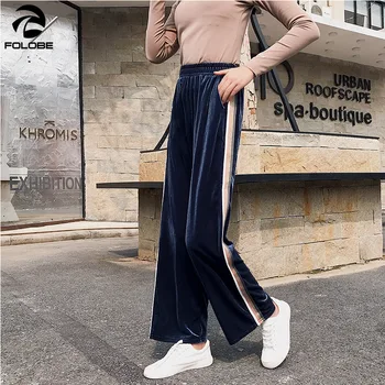 

FOLOBE Women Spring Pants Sweatpants New Korean Fashion Loose Wide Leg Pants Casual Striped Pleuche Velour Pants Women Trousers