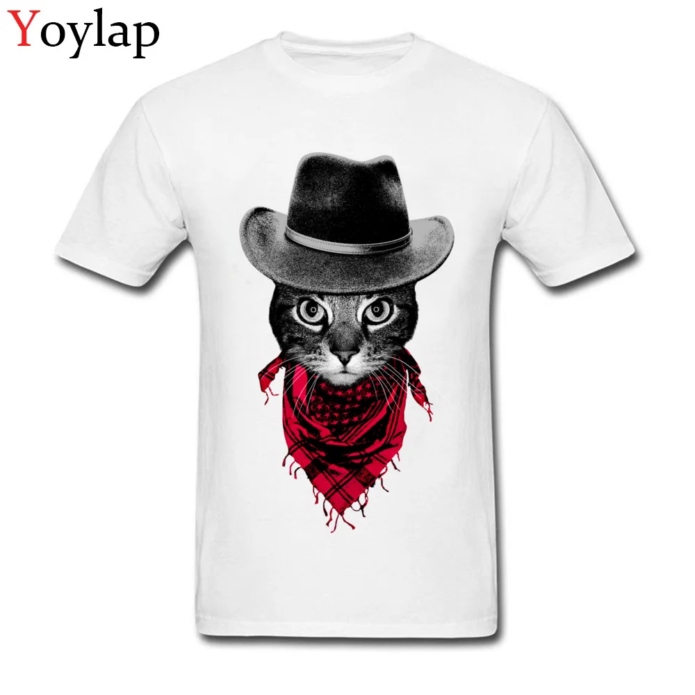 T-shirts Short Sleeve Casual New Arrival Cowboy Cat Crewneck 100% Cotton Mens Summer Autumn Tops Shirt Casual Clothing Shirt white