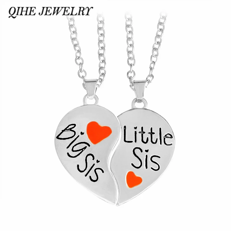 

QIHE JEWELRY 2pcs/set Heart Shape "big sis,little sis" Pendant Necklace 2 Sister Necklace big sis lil sis Jewelry Family Jewelry
