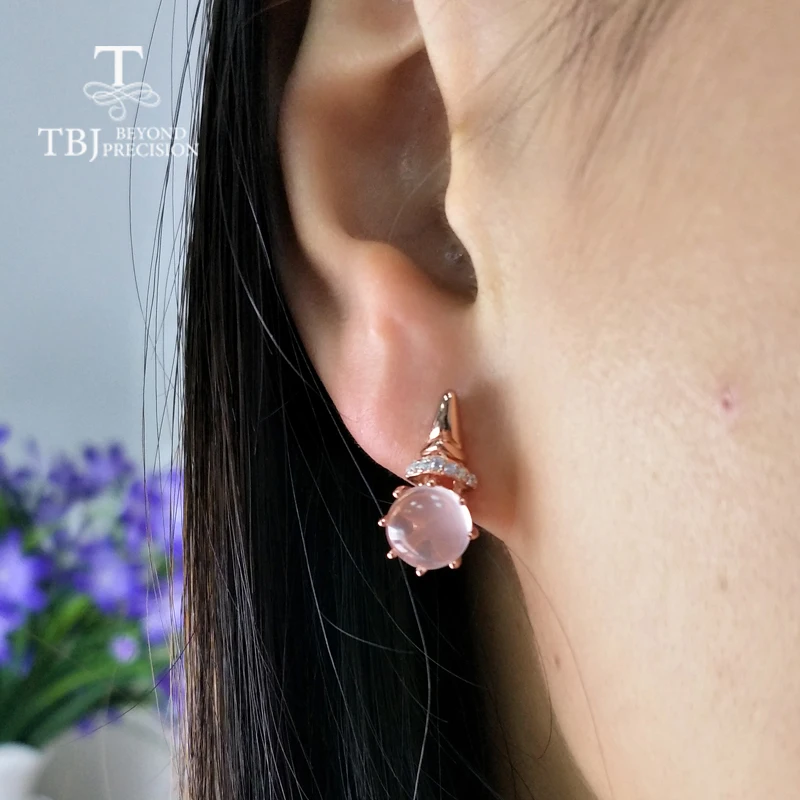TBJ натуральный круглый розовый кварц 8 мм 4ct драгоценный камень застежка серьги