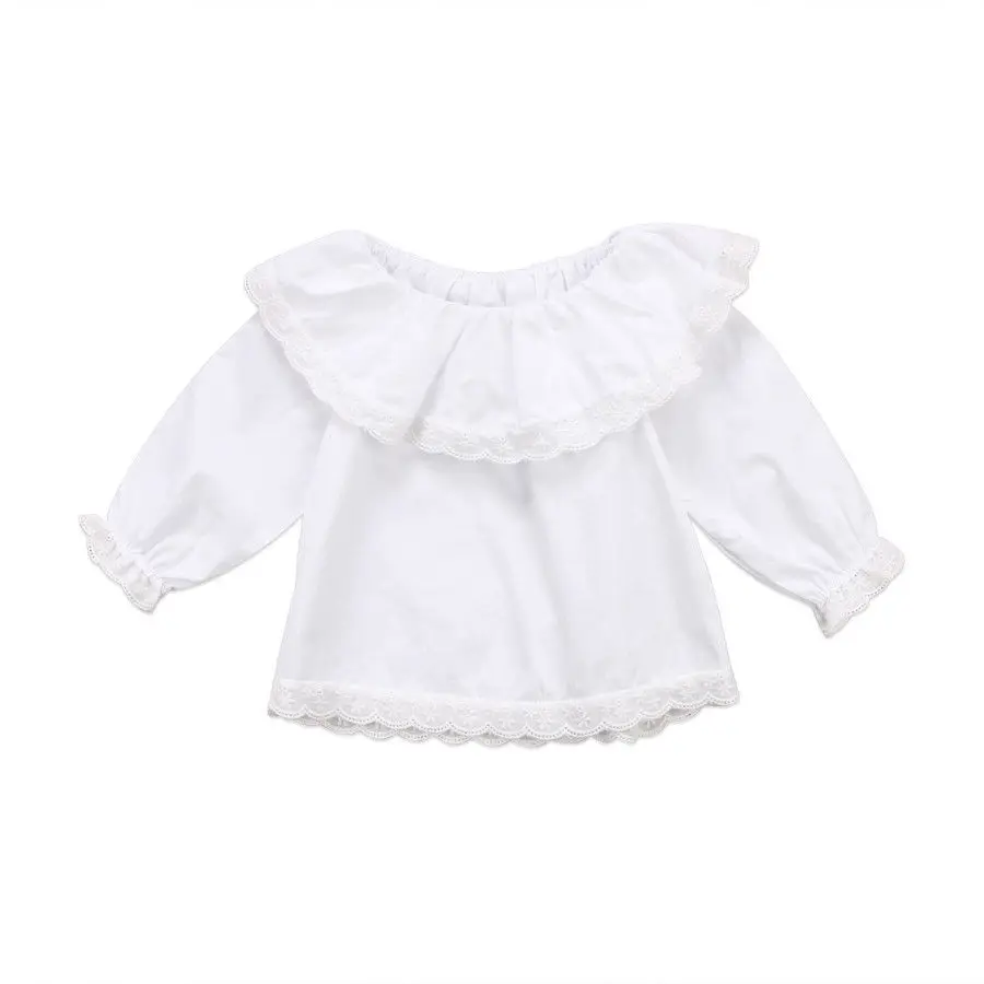Кружевные хлопковые топы с длинными рукавами для новорожденных и маленьких девочек, футболки, одежда с отложным воротником белого цвета для детей 0-24 м