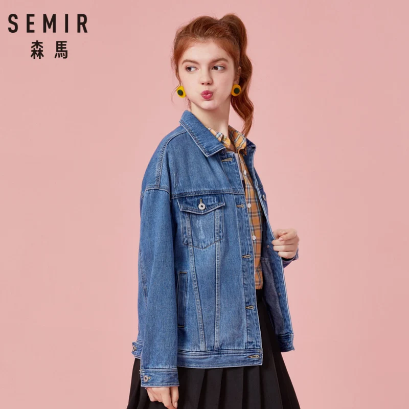 SEMIR Women 100% Cotton Oversized Denim Jacket with Collar Boyfriend Denim Jacket with Chest Pocket and Slant Pocket Chic Style