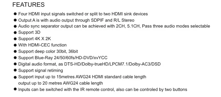 Full HD 4 K x 2 K HDMI матричный коммутатор 4x2 сплиттер hd-матрица с ИК-пультом дистанционного Управление поддерживает HDMI 1080 P V1.4/3D/4 K с аудио