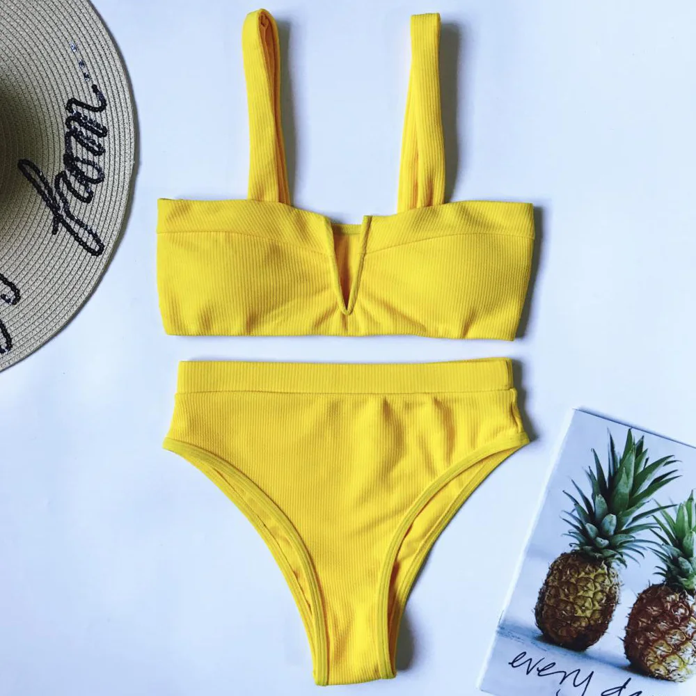 

Vintage Female Ribbed Swimsuit High Waist Bikini Women V Shape Bra Swimwear Two-pieces Bikini set Bather Brazilian Bathing Suits