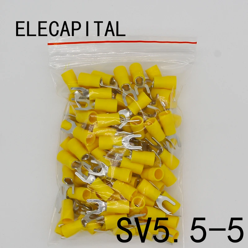 SV5.5 5 Yellow Furcate Terminal Cable Wire Connector 100PCS Fork Type