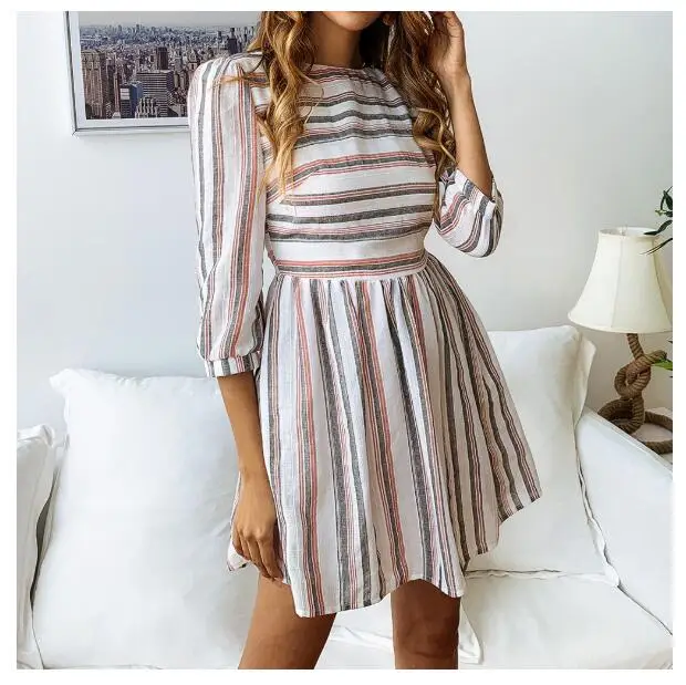 

1 piece Striped Dress Summer Spring Half Sleeve O Neck A-Line Dress Female Print Elegant Mini strip Beach Dress Vestidos