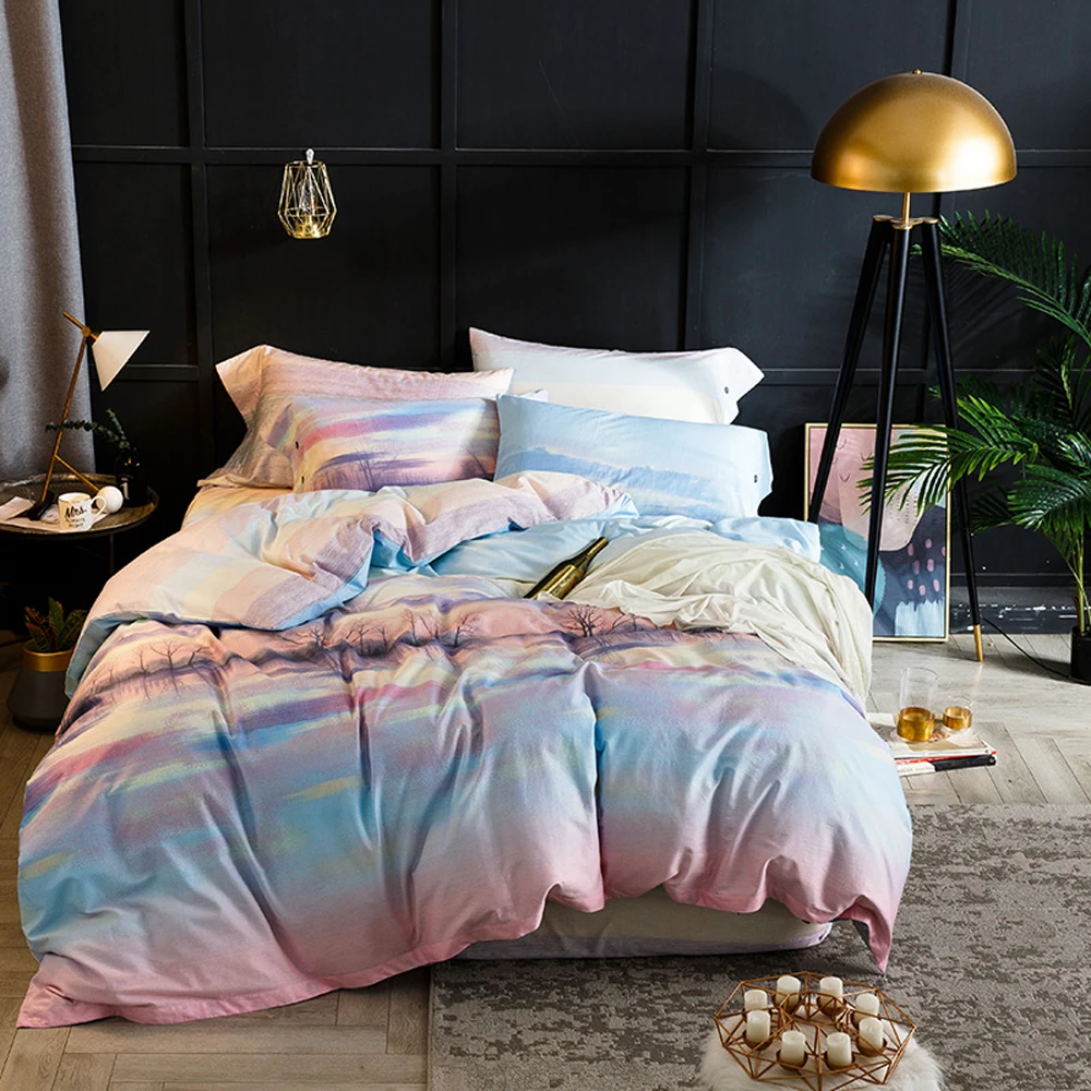 

Papa&Mima Colorful Lakeside print bedding set Sanding cotton Queen King size flat sheet pillowcases duvet cover sets bedlinens
