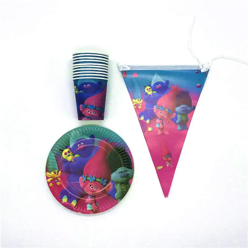 

Trolls Theme 30Pcs/Set 10Cups 10Plates 10Flags Child Birthday Party Baby Shower Supply 10People Paper Tableware Set Provide