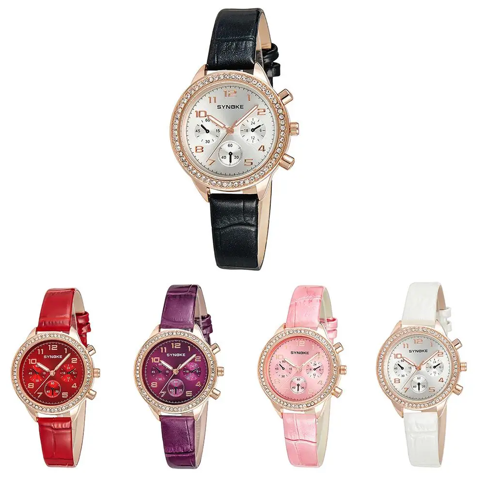 

2019 Faux Leather Band Rhinestone Bezel Sub-dial Decoration Quartz Women Wrist Watch