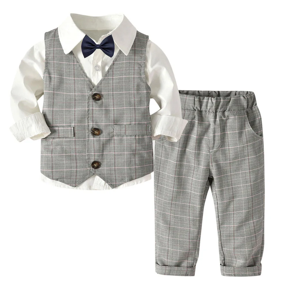 4PC Toddler Baby Boy Clothing Set Bowtie Gentleman Vest Long Sleeve T