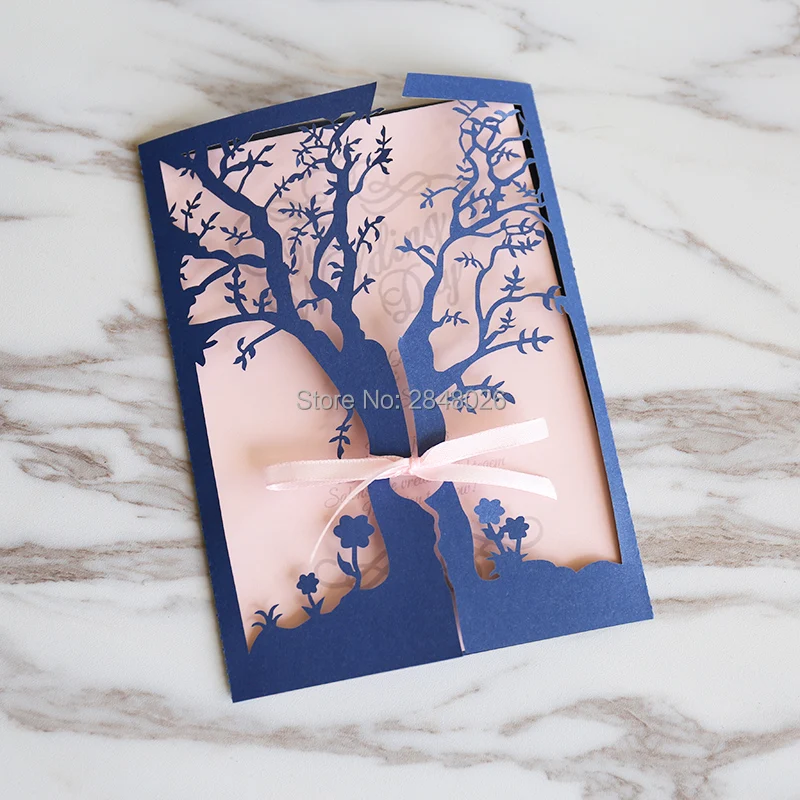 

50pcs Dark blue Gate-fold Tree Wedding Invitation,laser cut custom invitations, personalized greeting card
