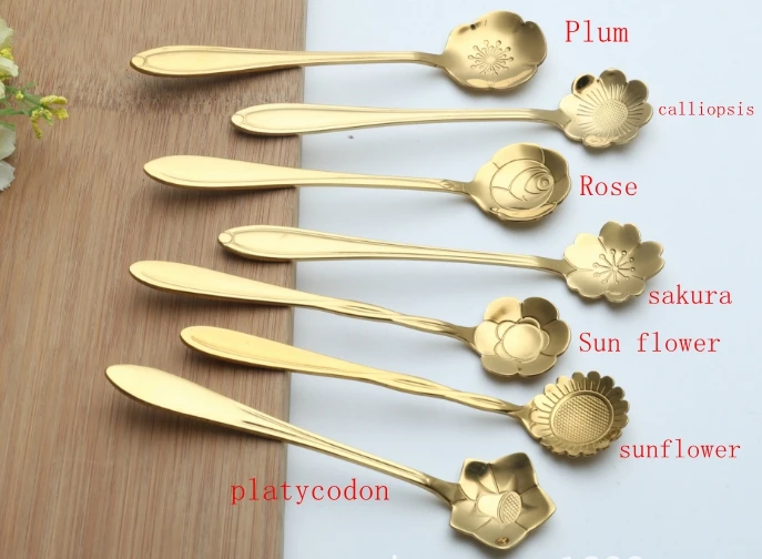 

100pcs/lot 12.5*2.5cm Gold color Flower Spoon Stainless Steel Cherry Blossoms Sakura Rose Measuring Tea Coffee Scoop Gift