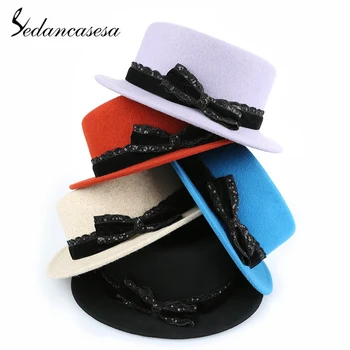 

Sedancasesa New Fashion Wool Women's Lady Girl Child Trendy Bowler Derby Fedoras Hats billycock Wide Brim Handmade Bowknot