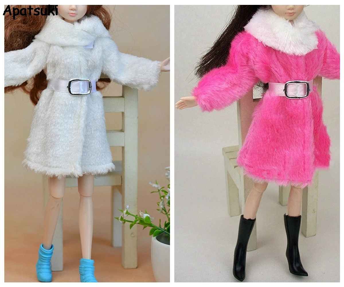 Детские аксессуары для игрушечной куклы, зимняя теплая одежда, розовая шуба, мини одежда, платье для куклы Барби, меховая кукольная одежда с поясом на талии