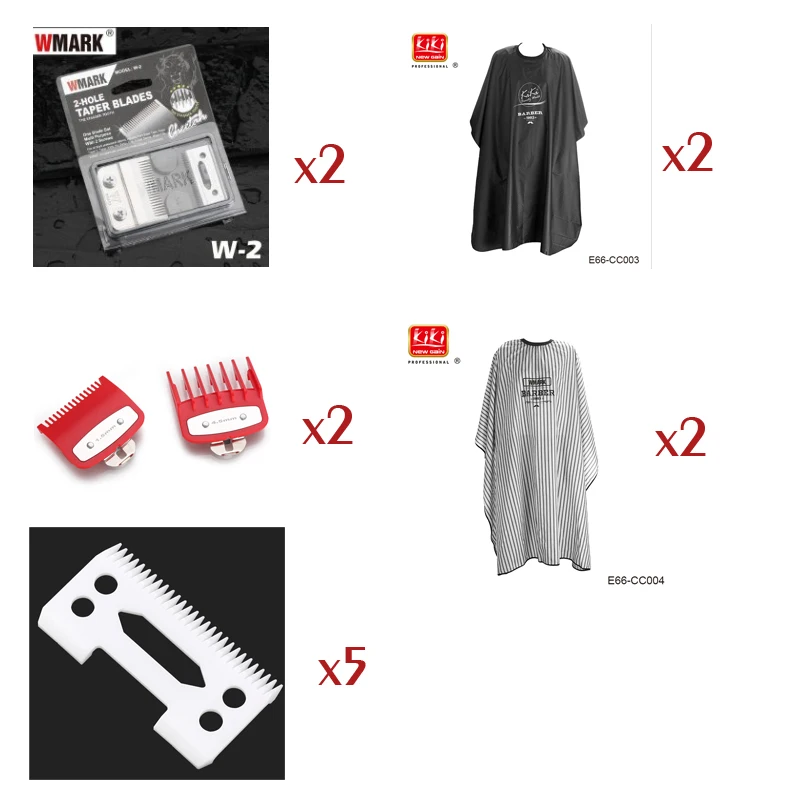 

2 pcs W-2 blade 2 sets of guide comb 5 pcs ceramic blade 2 pcs black cutting cape 2 white cutiing cape