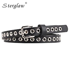 New Women s belt black hollow rivets woman waist belts leather luxury brand font b Slimming