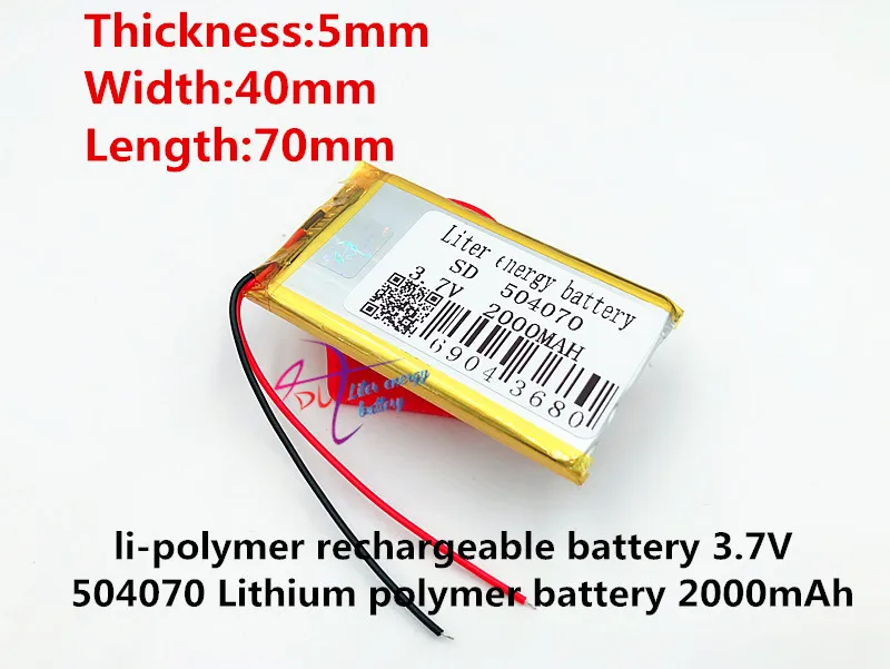Полимерный аккумулятор 2000 mah 3,7 V 504070 умный дом MP3 динамики литий-ионный аккумулятор для DVR, gps, mp3, mp4, мобильный телефон, динамик