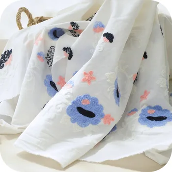 High Quality White Embroidered Cotton Lace Fabric Blue Floral Embroidery Lace Fabrics for Patchwork Sew Dress Skirt Doll