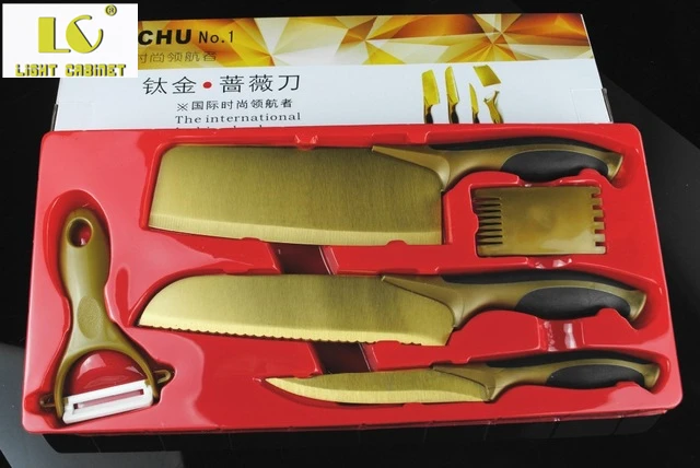 Lc 50 Off Promotion Stock 5pcs Gold Titanium Kitchen Knife