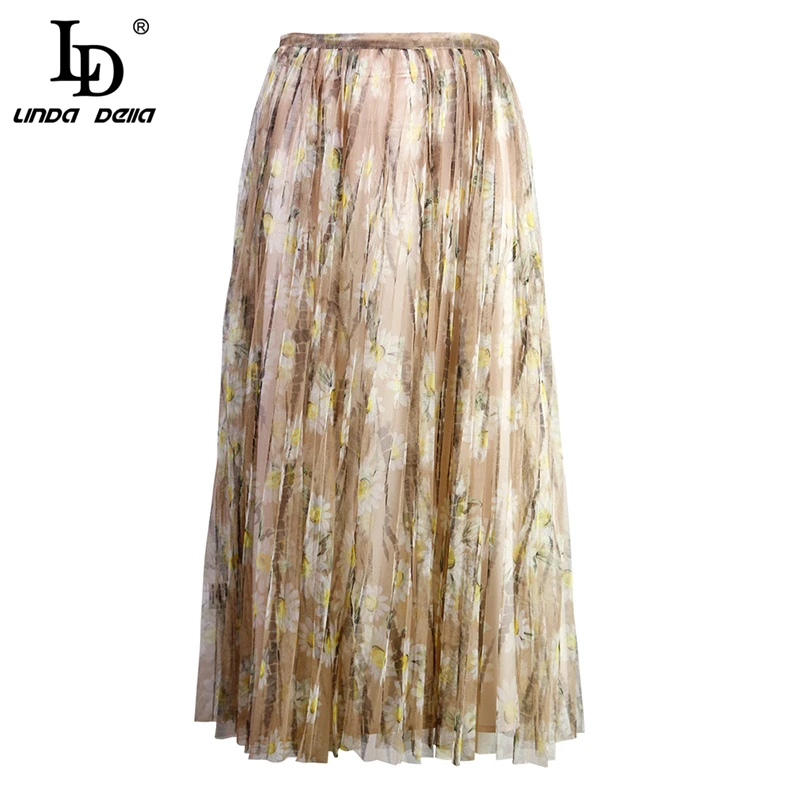 

LD LINDA DELLA New 2019 Summer Fashion Designer Skirt Women's Mesh Overlay Floral Printed Pleated Elegant Casual Ladies Skirt