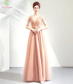 

SSYFashion New Banquet Elegant Evening Dress V-neck Lace Appliques Beading Champagne Gold Prom Formal Gowns Vestidos De Fiesta