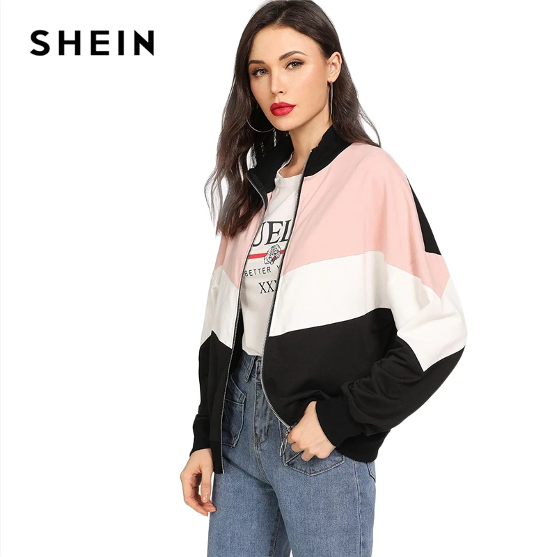 SHEIN Спортивная Куртка С Контрастными Полосками, Куртка На Молнии, Спортивный Бомбер