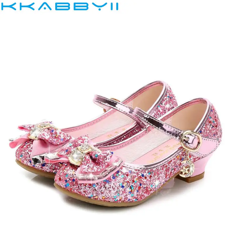 High Heel Girls Shoes Leather PU Glitter Bow Knot Kids Sandals For