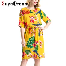 Women Silk dress Luxury 100% Real silk Belted Half sleeved Printed dresses Mid Calf length 2018 Spring Summer Yellow