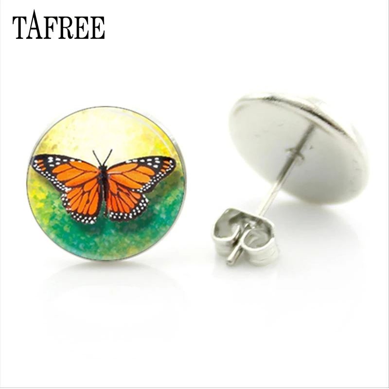 TAFREE Brand Beautiful Butterfly Art Patterns Stud Earring Glass Cabochon Dome Earrings for Women Girls Fashion Jewelry JS135 | Украшения и