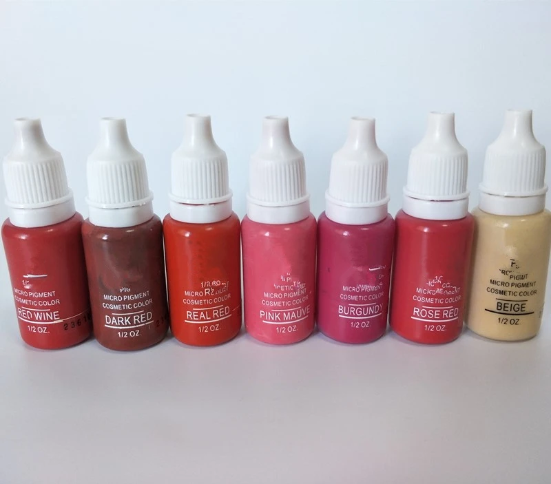 

7pcs tattoo ink set 15ml/bottle (1/2OZ) permanent makeup lips micropigment red pink beige colors paint kit