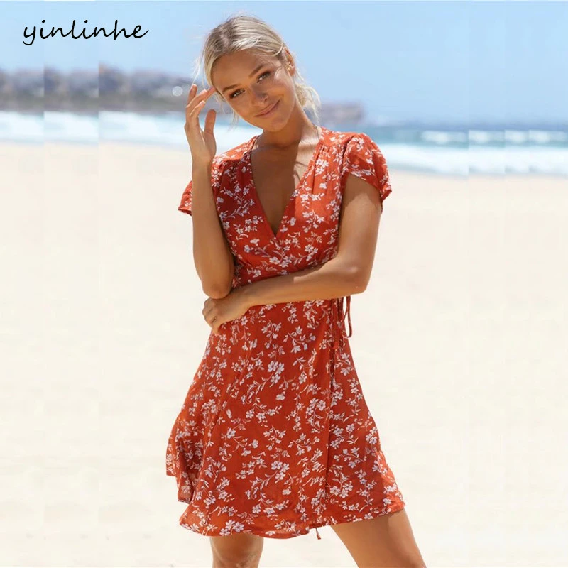 yinlinhe Red Floral Summer Dress Short ...