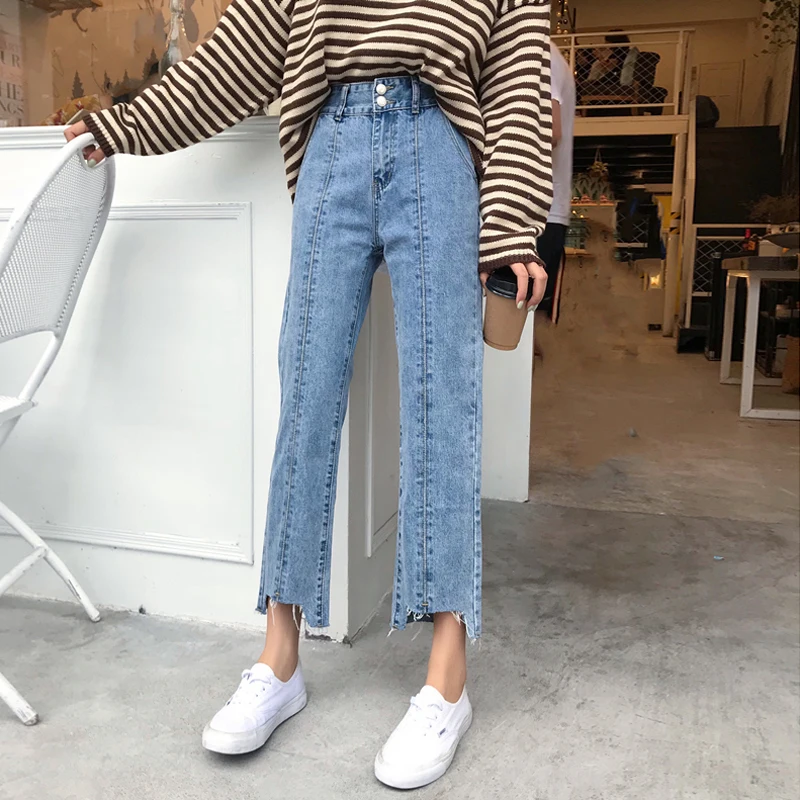 Spring and summer women's Korean version of the high waist loose two buttons pants feet gap jeans wide leg Ankle-Length |