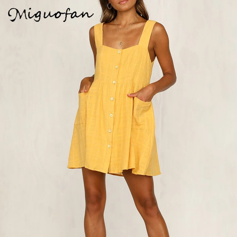 

Miguofan Casual Solid Mini Slip Dress Women Pockets Buttons Ladies Elegant Dresses Female 2019 Spring Summer New