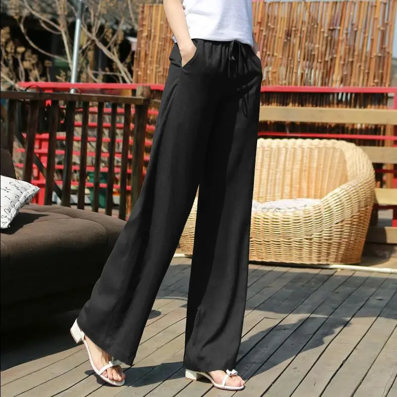 Весна Лето Повседневные женские эластичные с высокой талией широкие брюки зеленые черные белые свободные брюки, корейские осенние женские брюки
