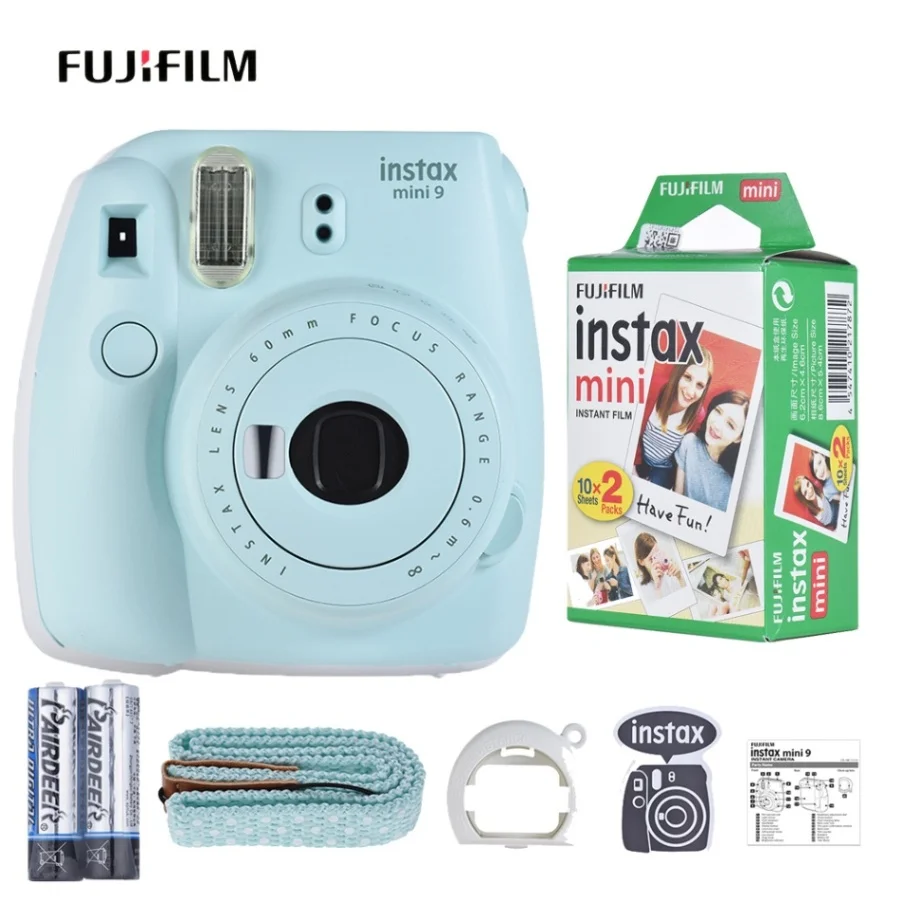 Fujifilm Instax Mini 9 мгновенная камера, пленочная камера, мини-пленка для фотографий с зеркалом для селфи, аккумулятор 2 шт., голубой лед - Цвет: Blue