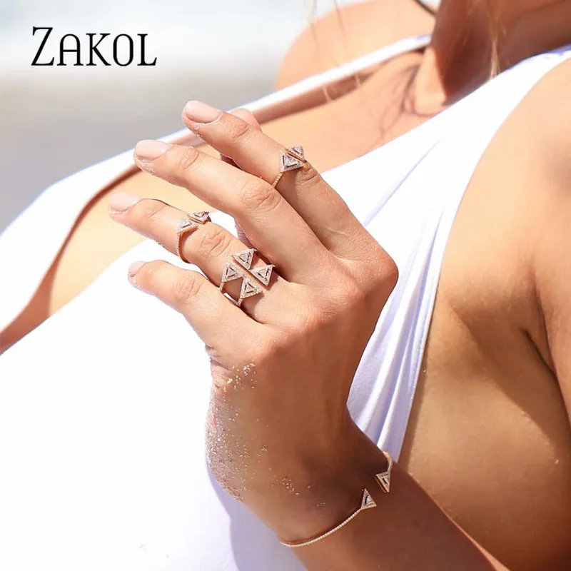 

ZAKOL New Arrival Cute Four Triangle Open Rings Summer Style White Gold Color Anneaux CZ Stone Pave Women Jewelry FSRP2016