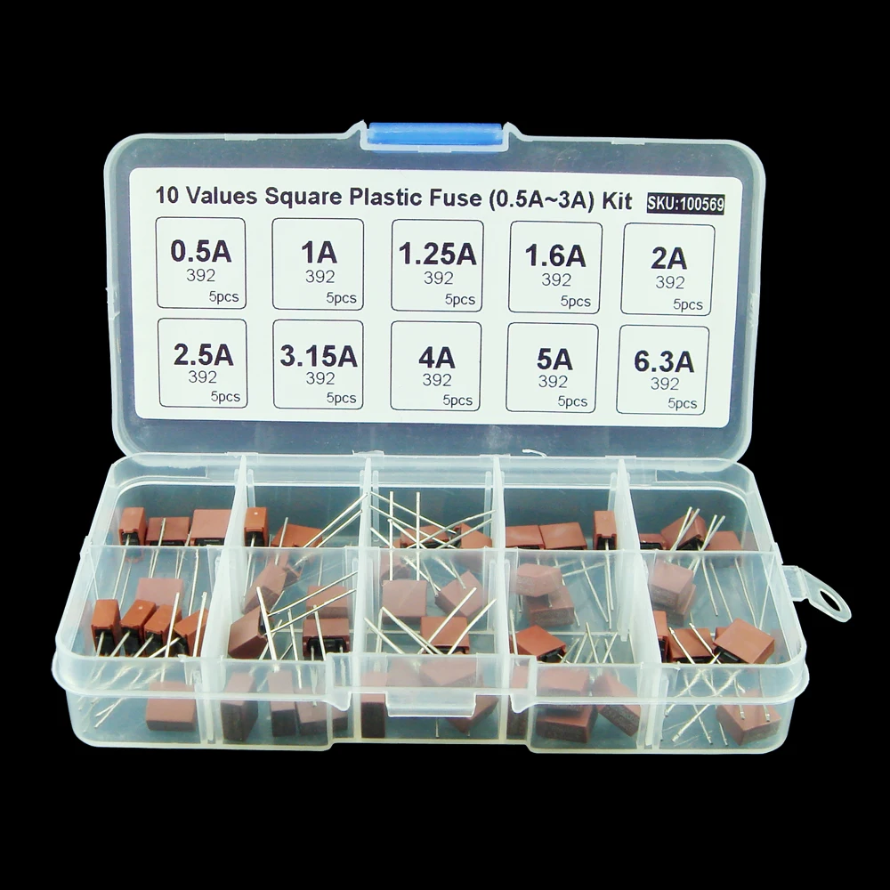 

50pcs/lot 10values Square Plastic Fuse 392 0.5A 500mA 1A 1.25A 1.6A 2A 2.5A 3.15A 4A 5A 6.3A / 250V LCD TV Power Board Fuse Kit