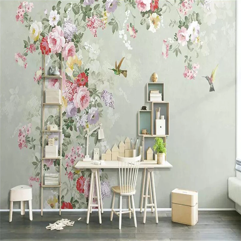 Decorative wallpaper Modern simple style hand-painted American vintage flower background wall decorative painting Decorative wallpaper Modern simple style hand-painted American vintage flower background wall decorative painting