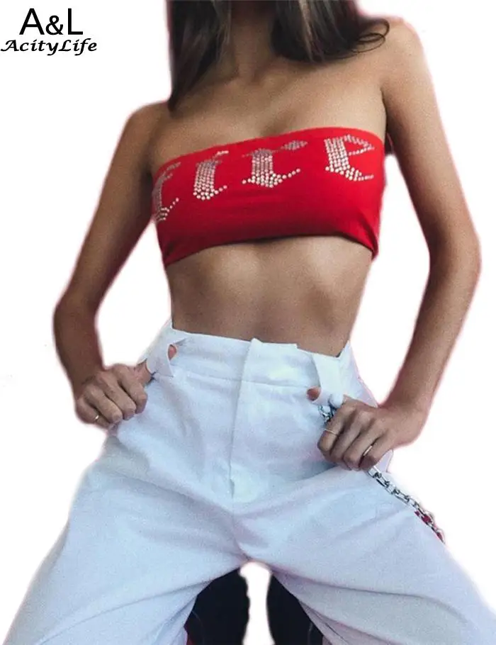 Seamless Fashion Women New Strapless Bandeau Tube Top Letter Rhinestone Stretch | Женская одежда