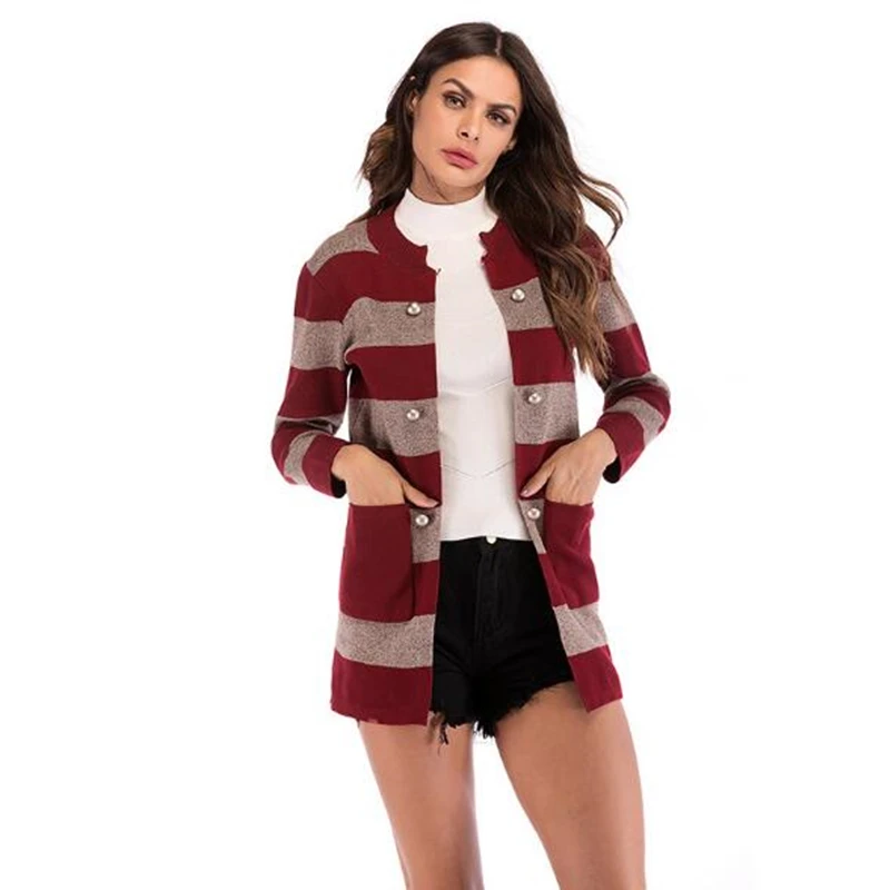 

Striped Sweater Women 2019 Autumn Long Cardigan Knitted Sweaters Fashion Buttons O Neck Open Stitch Womens Cardigans Black/Blue